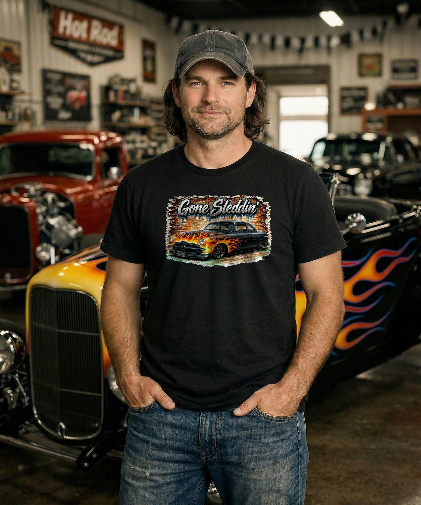 Gone Sleddin’ | '49 Ford Leadsled | Custom Flame Ride Illustration Tee