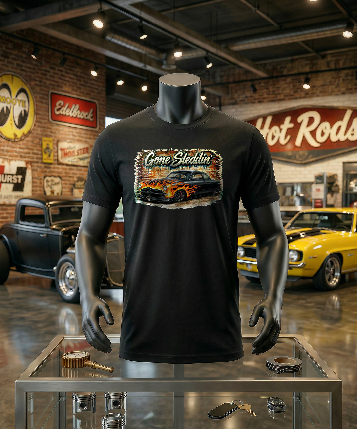 Gone Sleddin’ | '49 Ford Leadsled | Custom Flame Ride Illustration Tee
